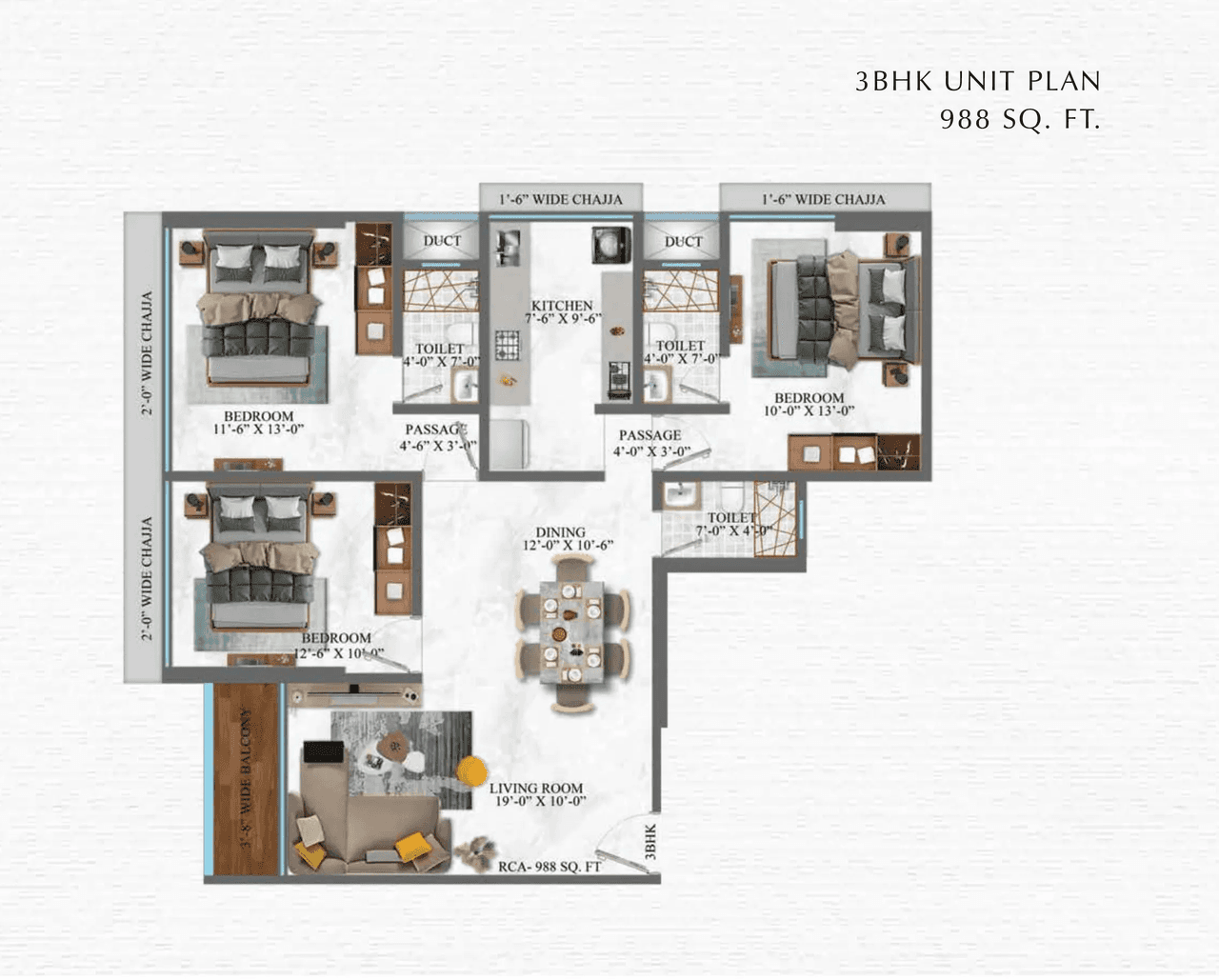Meghna Shree Pranam Unit plan - 988 sq.ft.