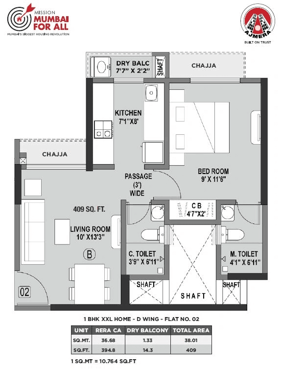 Ajmera Vihara Unit plan - 409 sq.ft.