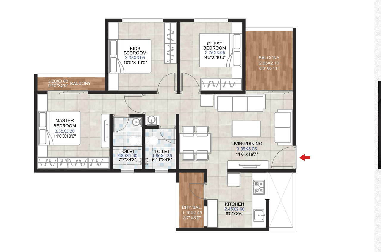 Silver 9 Unit plan - 811 sq.ft.