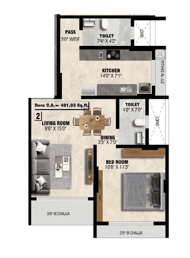 Meghna Riviera Unit plan - 481 sq.ft.