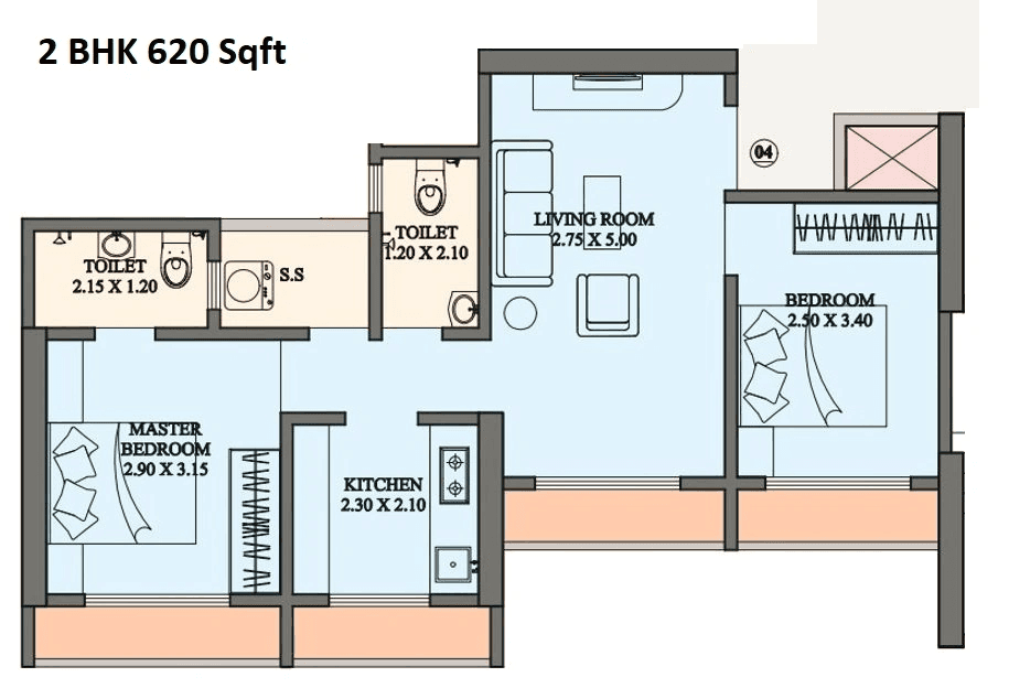 Swamiraj Sky 2.0 Unit plan - 620 sq.ft.