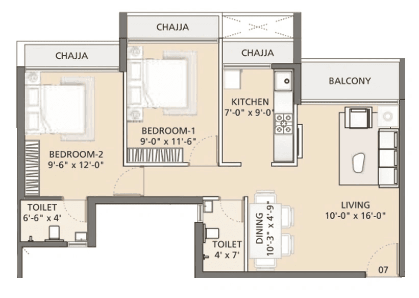 Uma Ananta Unit plan - 729 sq.ft.