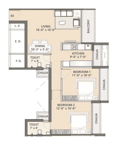 Uma Ananta Unit plan - 747 sq.ft.
