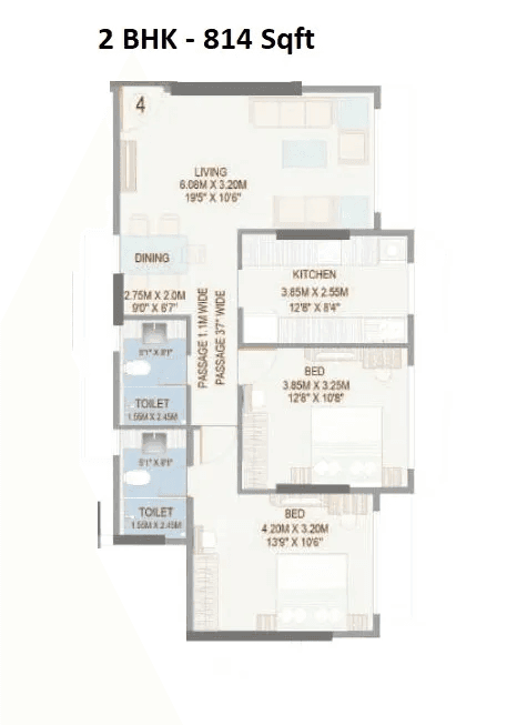Goodwill Kanchangiri Unit plan - 814 sq.ft.