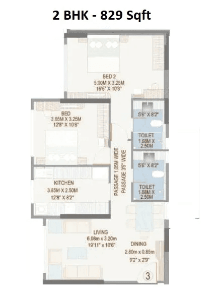 Goodwill Kanchangiri Unit plan - 829 sq.ft.