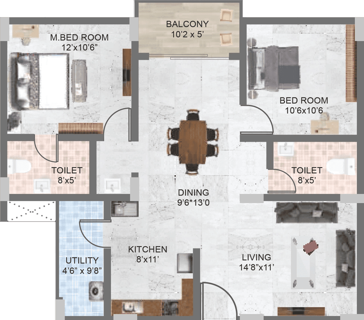Surya Serene Skyline Unit plan - 845 sq.ft.