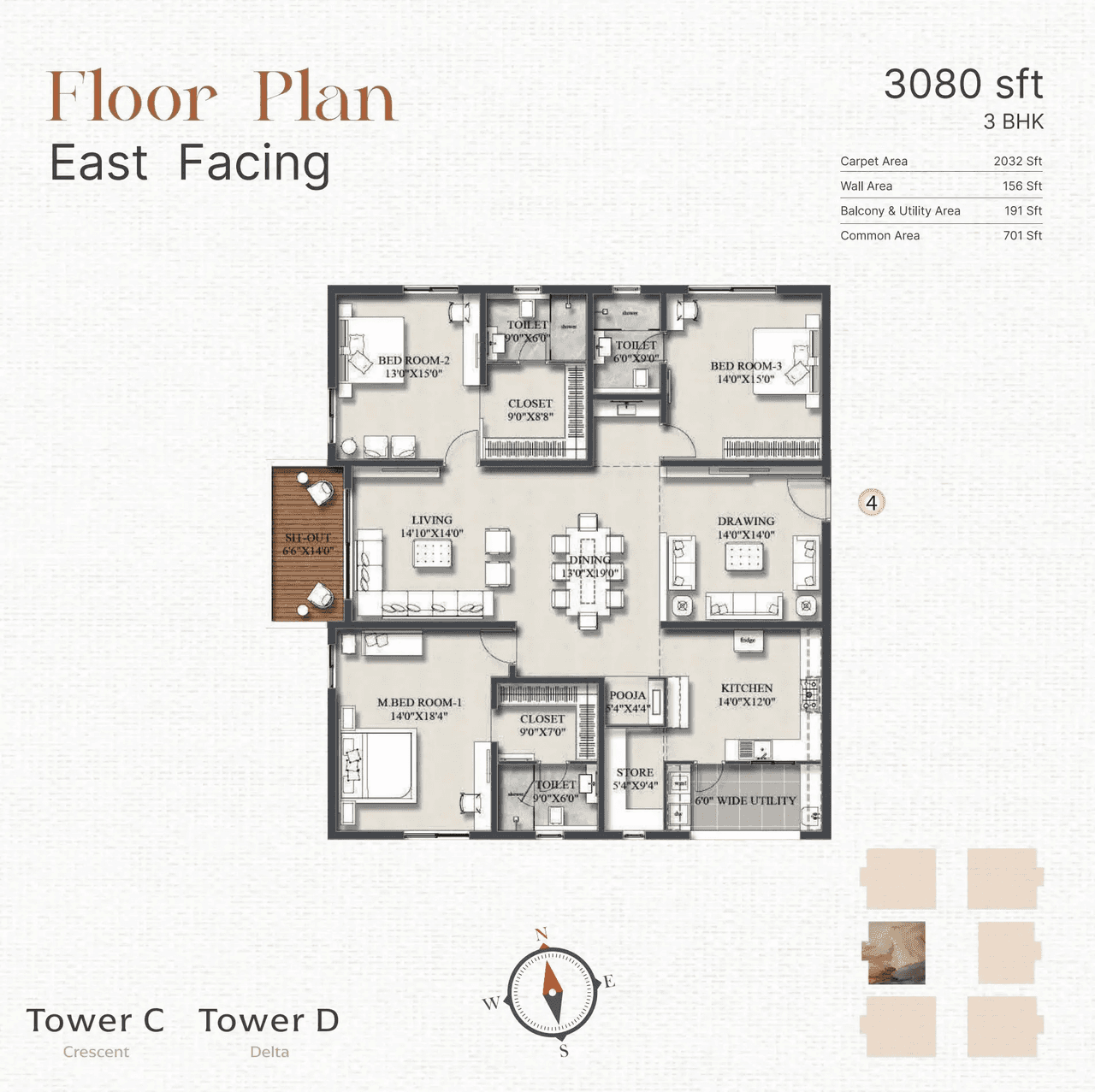 Rajapushpa Infina Unit plan - 2032 sq.ft.