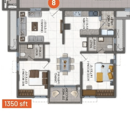 Rajapushpa Imperia Unit plan - 972 sq.ft.