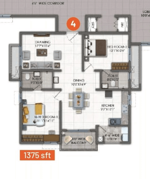 Rajapushpa Imperia Unit plan - 990 sq.ft.