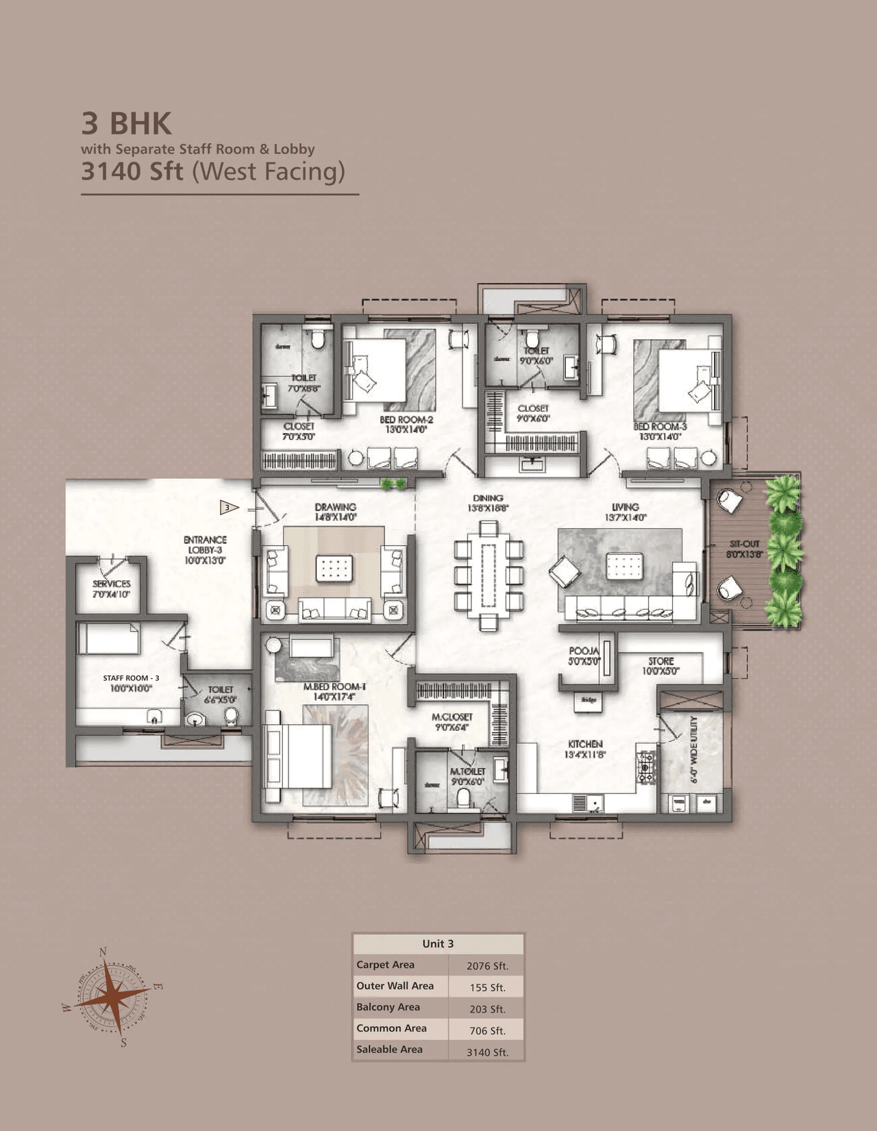 Rajapushpa Skyra Unit plan - 2076 sq.ft.