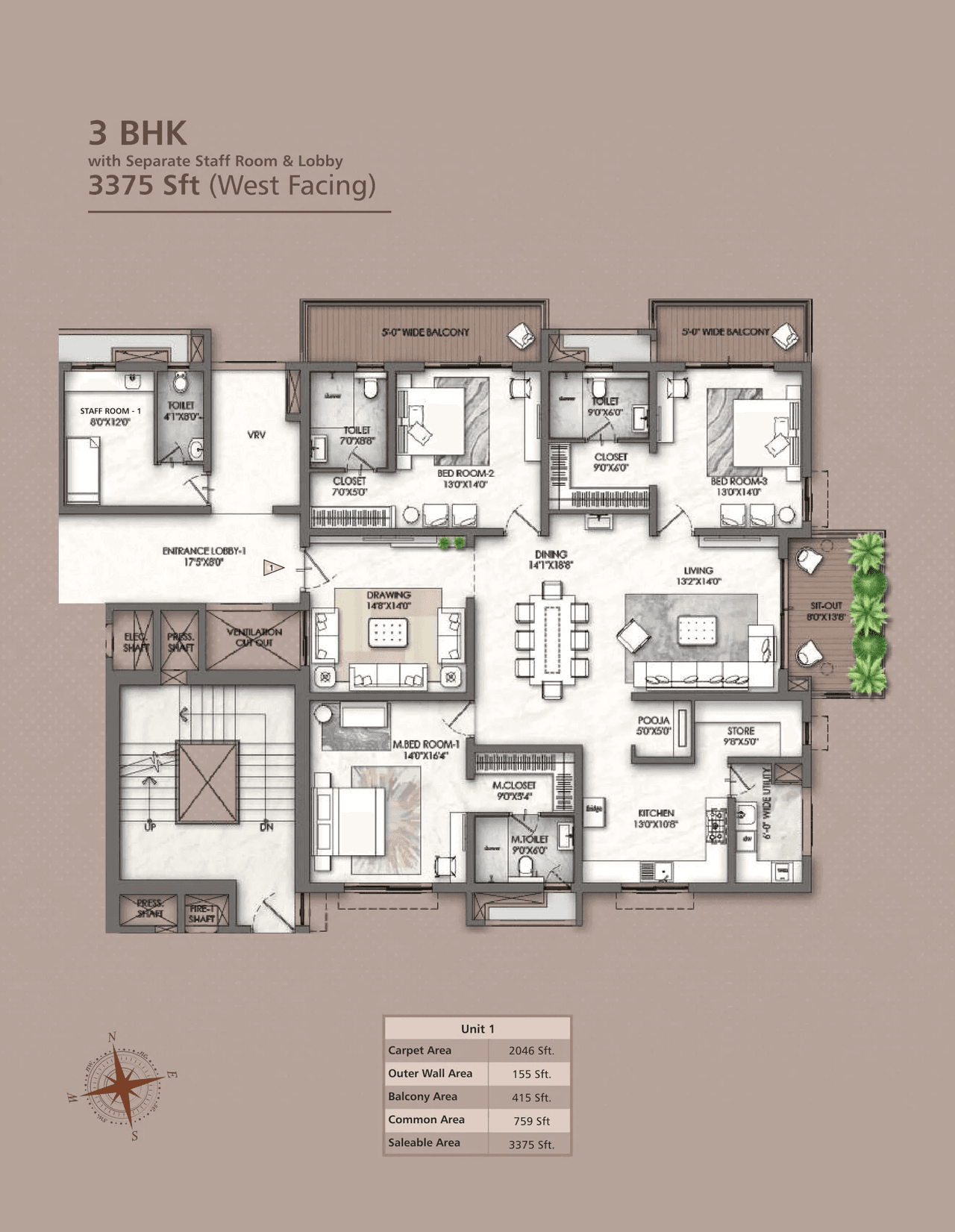 Rajapushpa Skyra Unit plan - 2046 sq.ft.