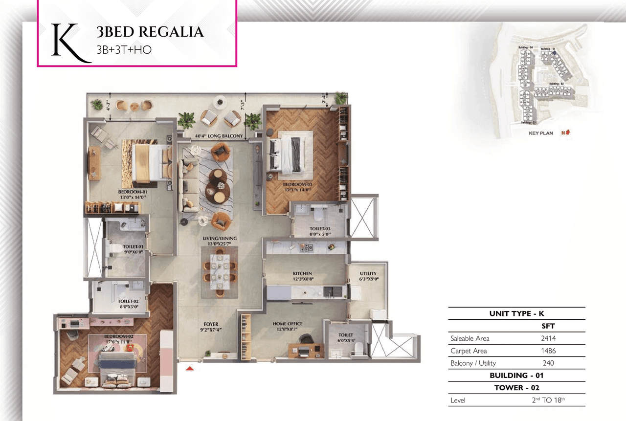 Prestige Raintree Park Unit plan - 1486 sq.ft.