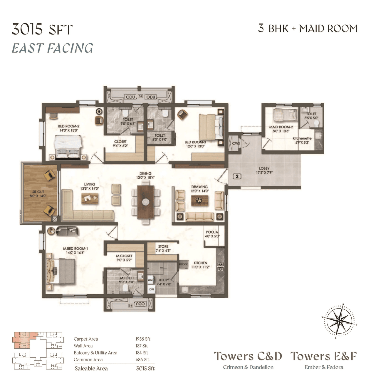 Rajapushpa Aurelia Unit plan - 1958 sq.ft.