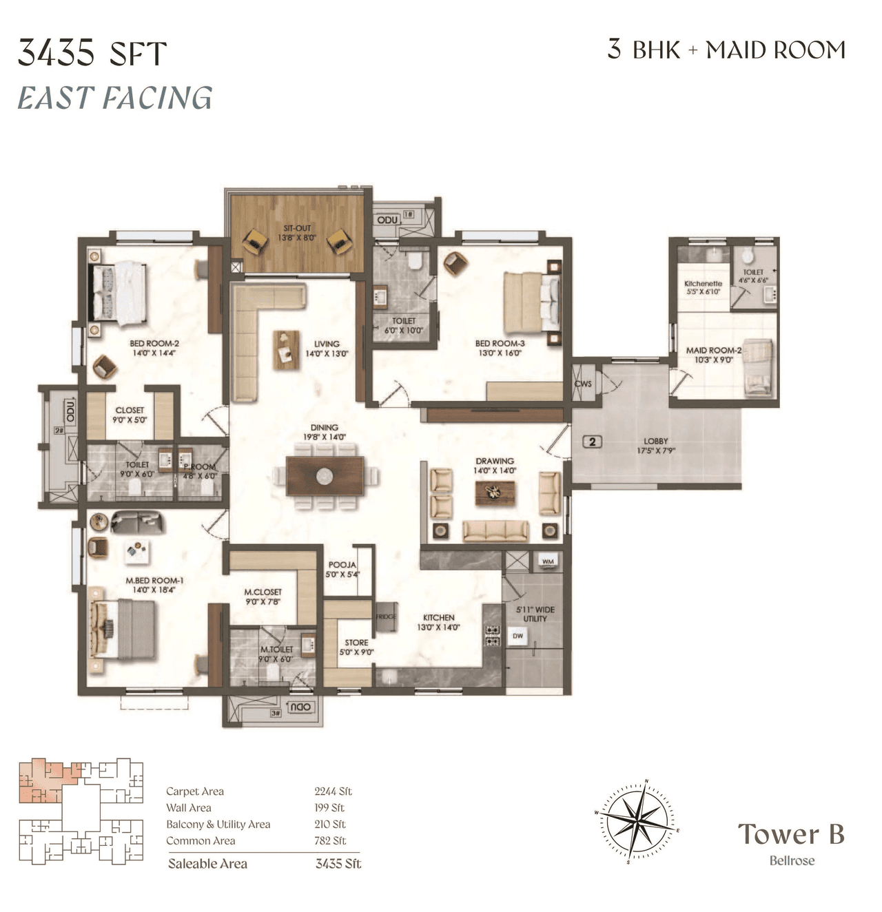 Rajapushpa Aurelia Unit plan - 2244 sq.ft.