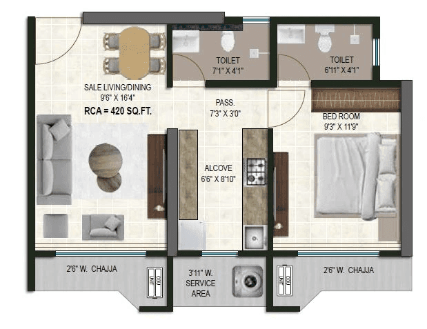 Satre Happynest Unit plan - 420 sq.ft.