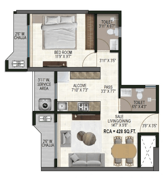 Satre Happynest Unit plan - 428 sq.ft.