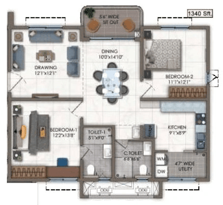 Vertex Viraat Unit plan - 1005 sq.ft.