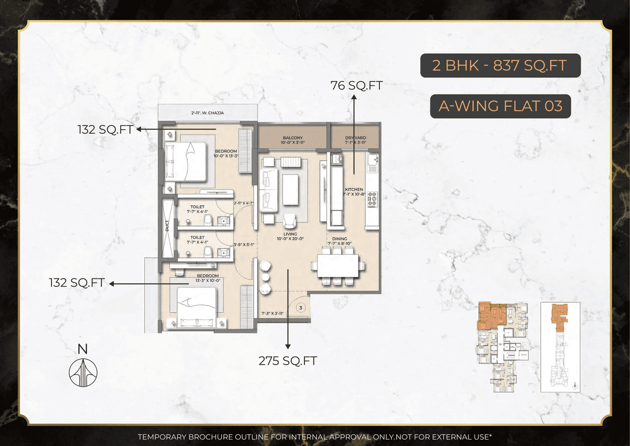 Modirealty Rudraksh Unit plan - 837 sq.ft.