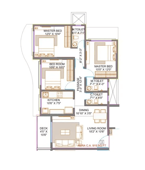 Belmonte Corner Unit plan - 915 sq.ft.