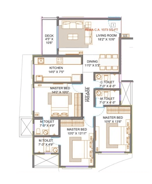 Belmonte Corner Unit plan - 1073 sq.ft.
