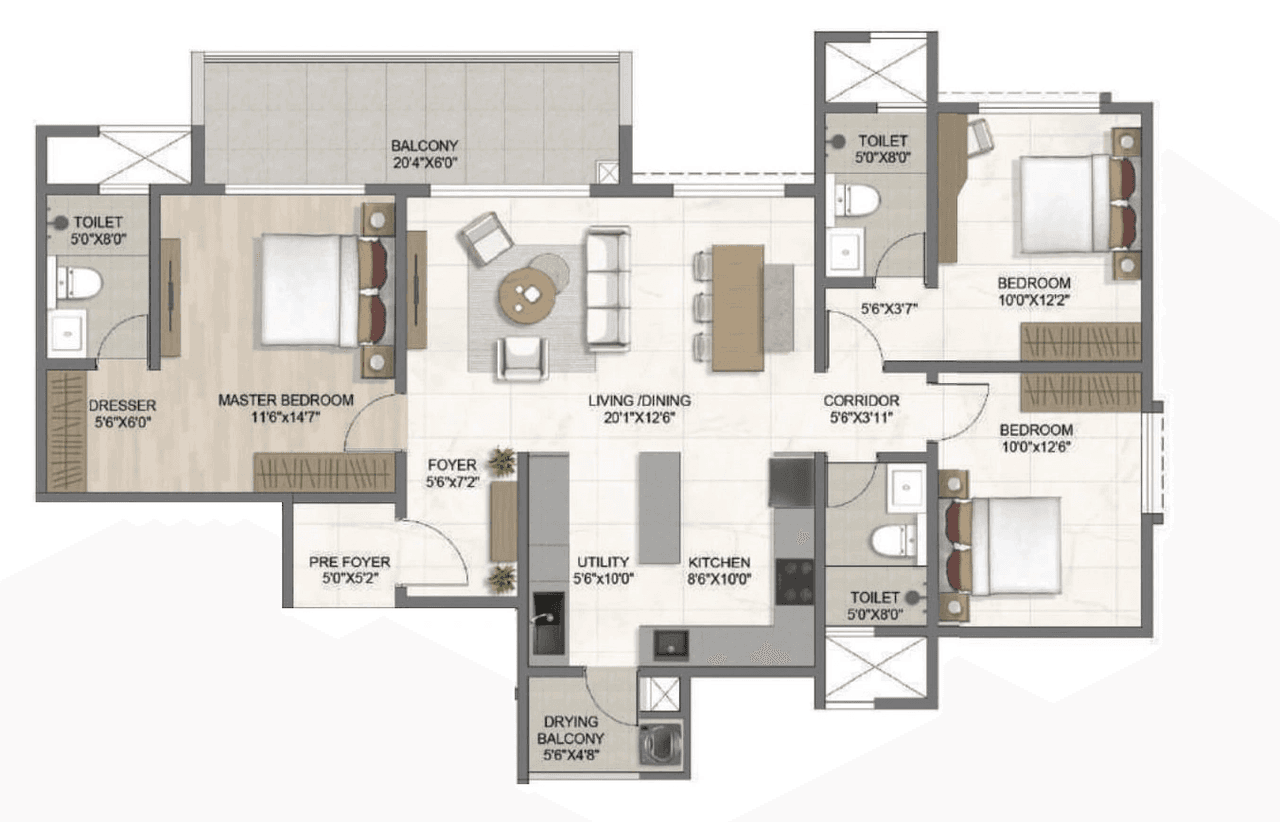 Bricks & Milestones The Earthscape Unit plan - 1311 sq.ft.