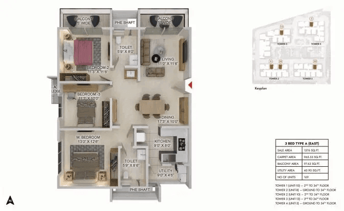 Prestige Spring Heights Rajendra Nagar Unit plan - 966 sq.ft.