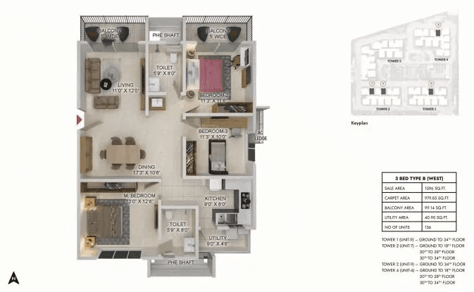 Prestige Spring Heights Rajendra Nagar Unit plan - 980 sq.ft.