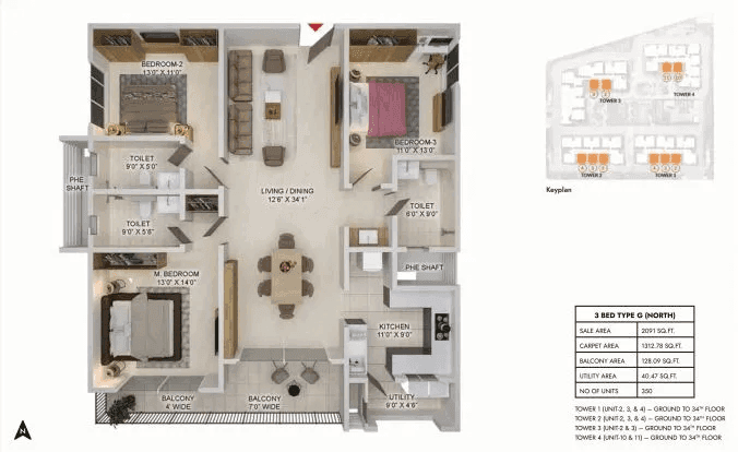 Prestige Spring Heights Rajendra Nagar Unit plan - 1313 sq.ft.