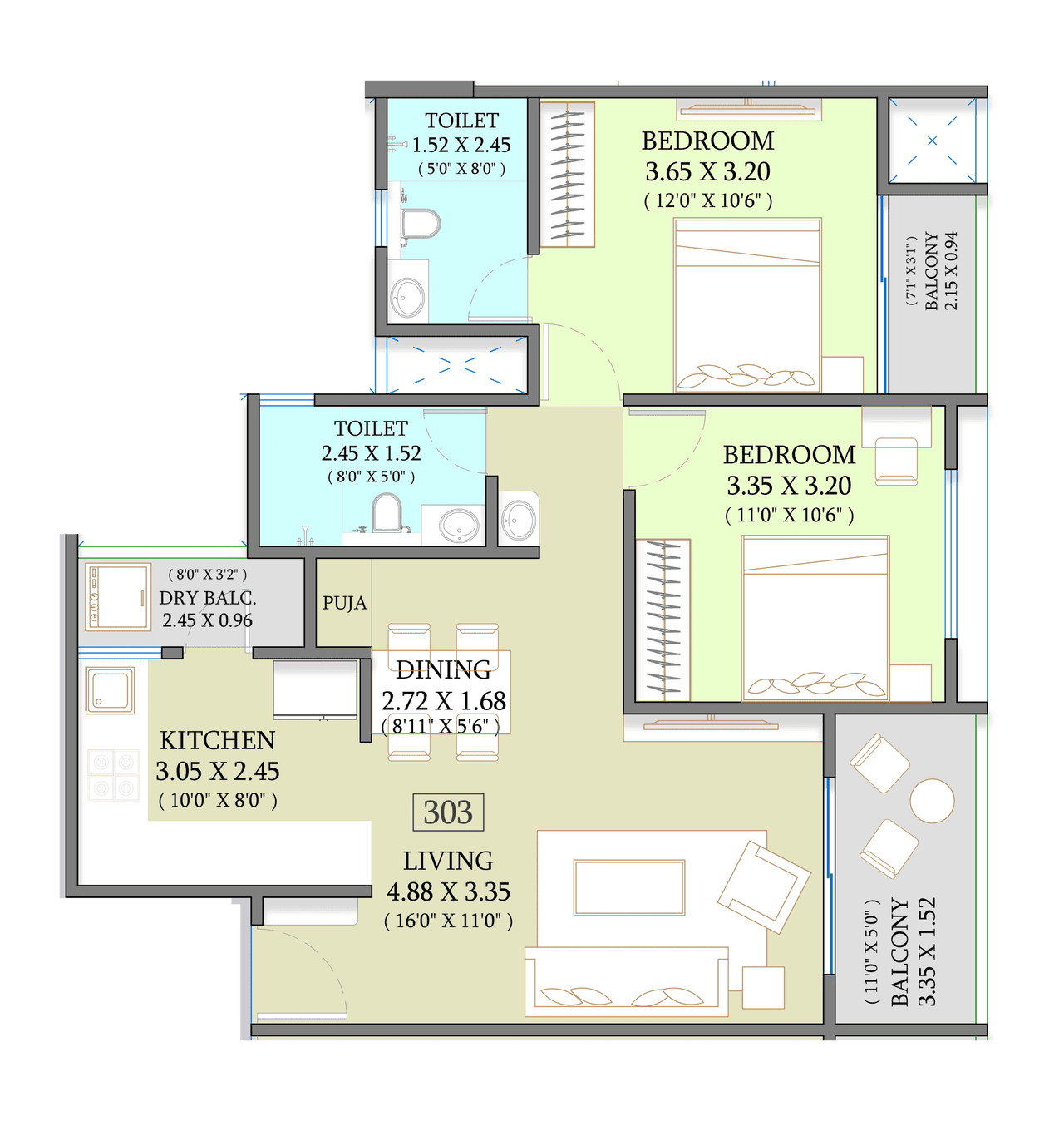 Kakkad Ambiience Vivanta Unit plan - 820 sq.ft.