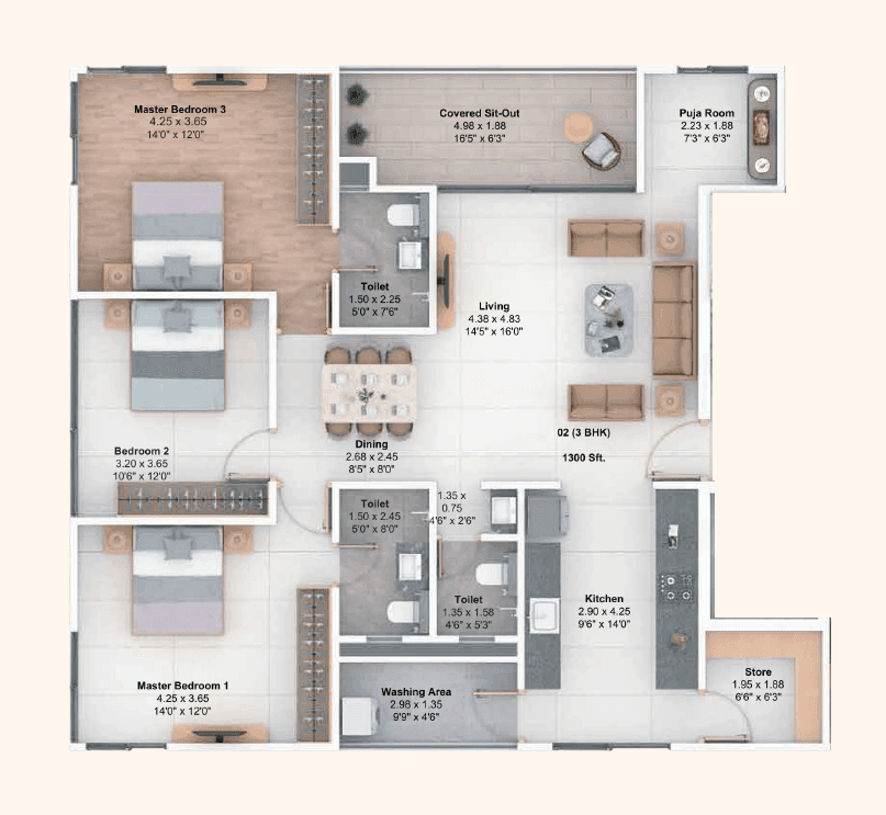 CK Dinmanee Unit plan - 1303 sq.ft.