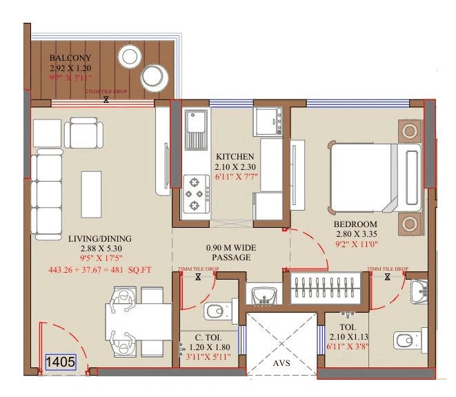 Adityaraj Platinum Unit plan - 481 sq.ft.
