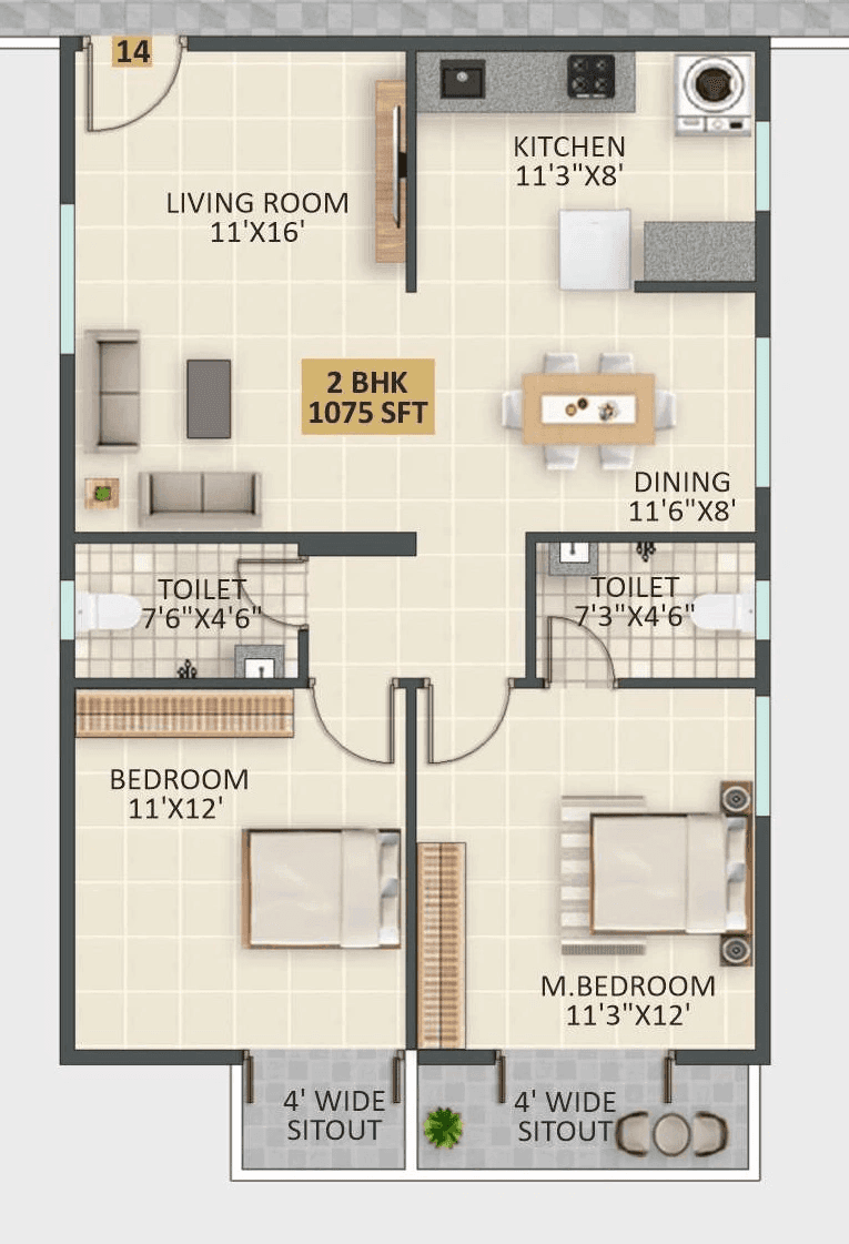 JP Lavender Unit plan - 752 sq.ft.