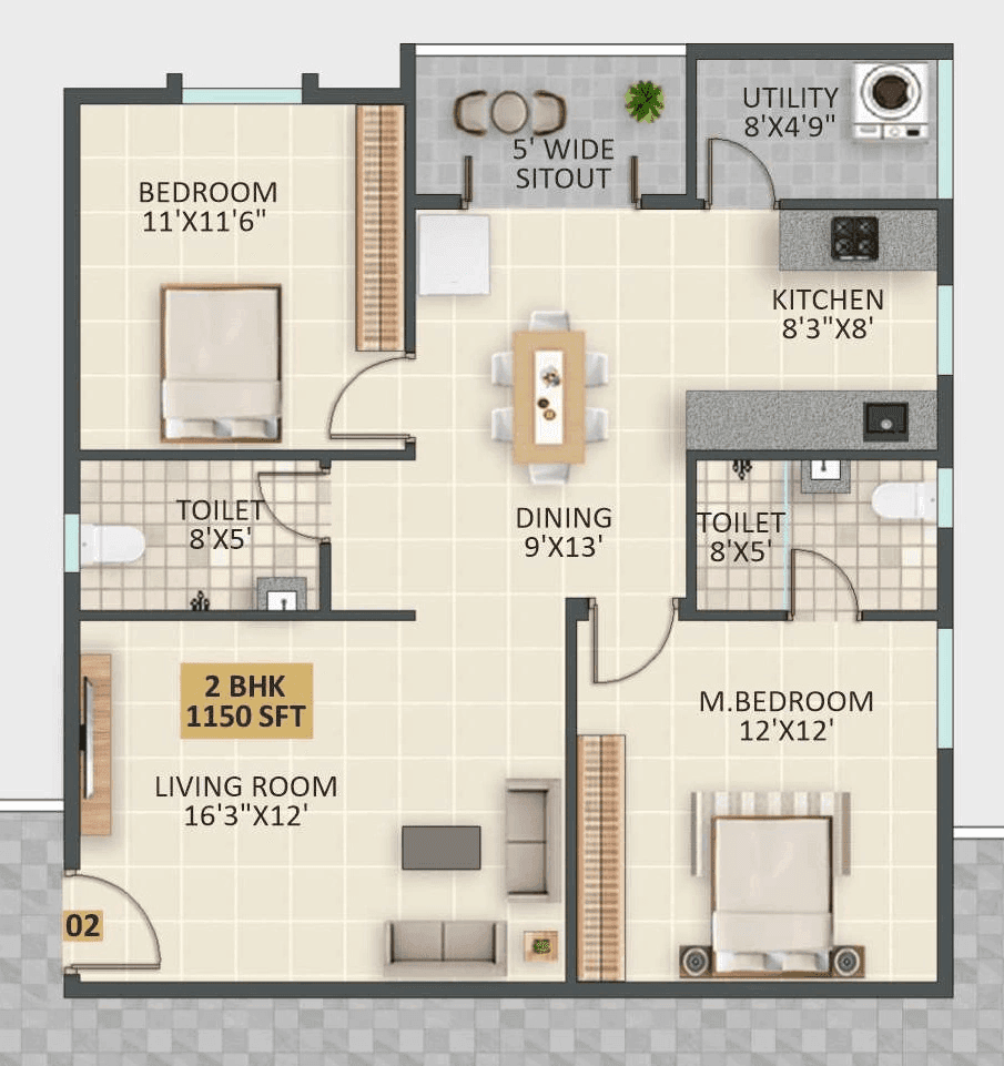 JP Lavender Unit plan - 805 sq.ft.