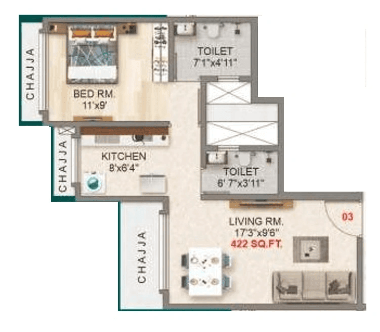 Adityaraj Majestic Unit plan - 422 sq.ft.