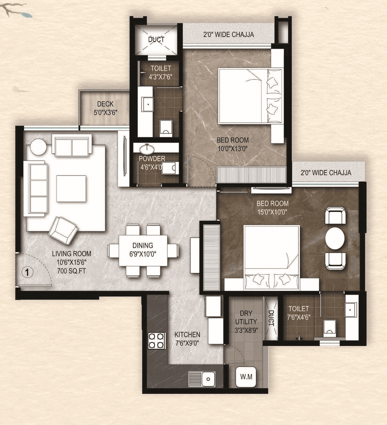 Roswalt Raya Unit plan - 727 sq.ft.