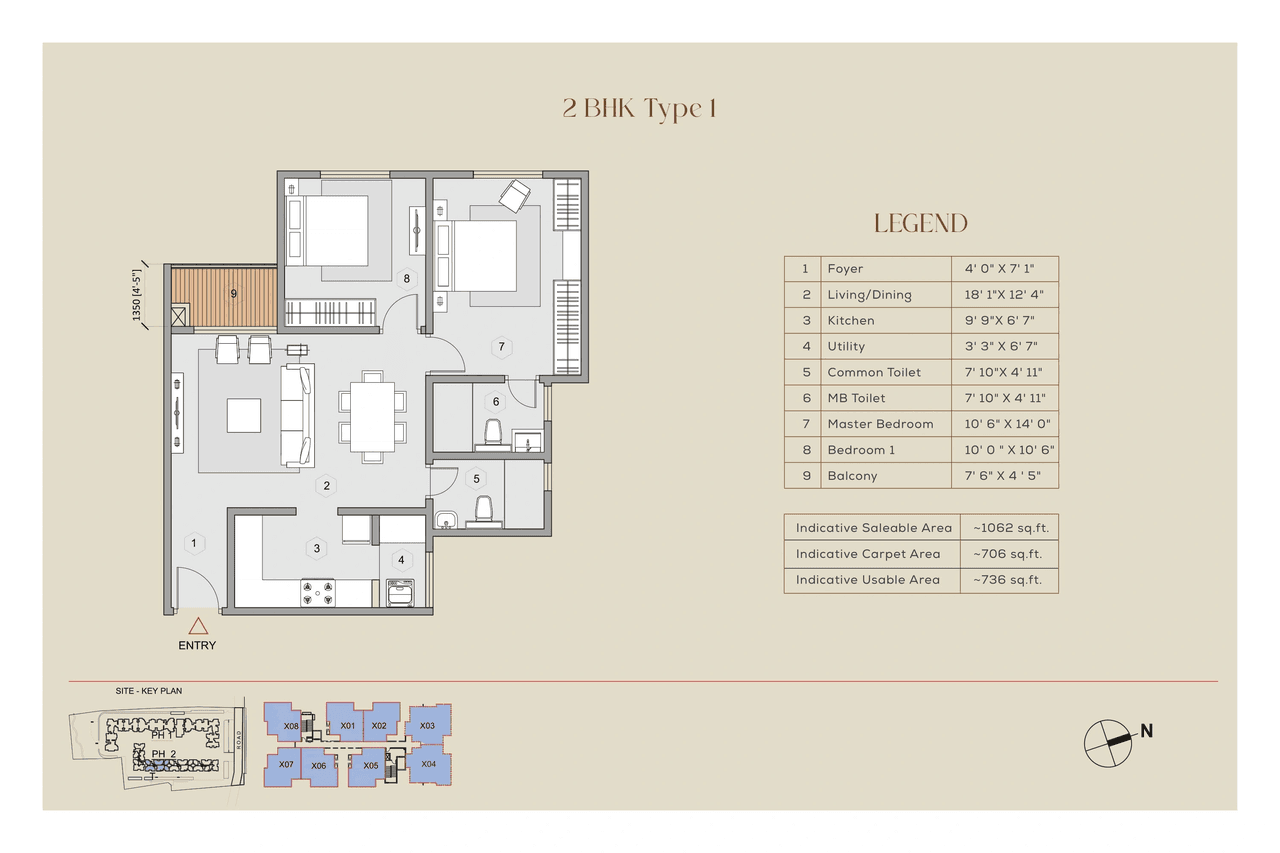 Purva Zenium Unit plan - 736 sq.ft.