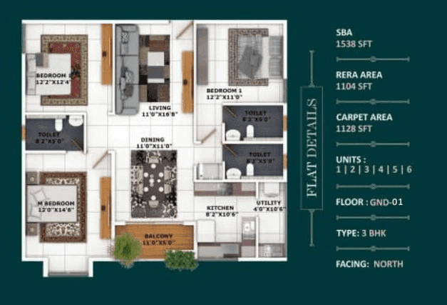 Binary Temple Tree Unit plan - 1128 sq.ft.