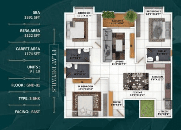 Binary Temple Tree Unit plan - 1174 sq.ft.