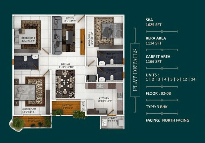 Binary Temple Tree Unit plan - 1166 sq.ft.
