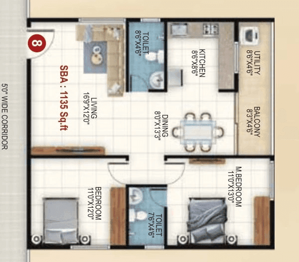 Sri Balaji Orion Heights Unit plan - 908 sq.ft.
