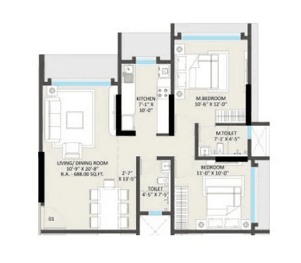 Omnetra Vrindavan Unit plan - 688 sq.ft.