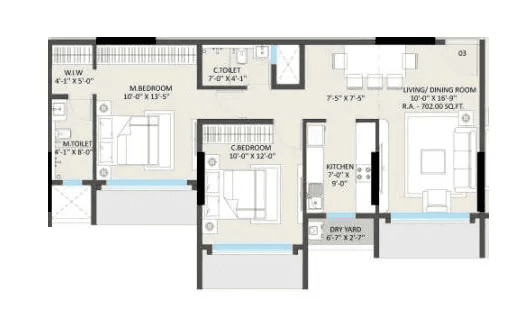 Omnetra Vrindavan Unit plan - 702 sq.ft.