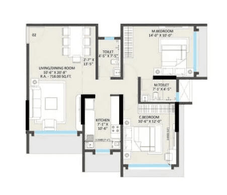 Omnetra Vrindavan Unit plan - 718 sq.ft.