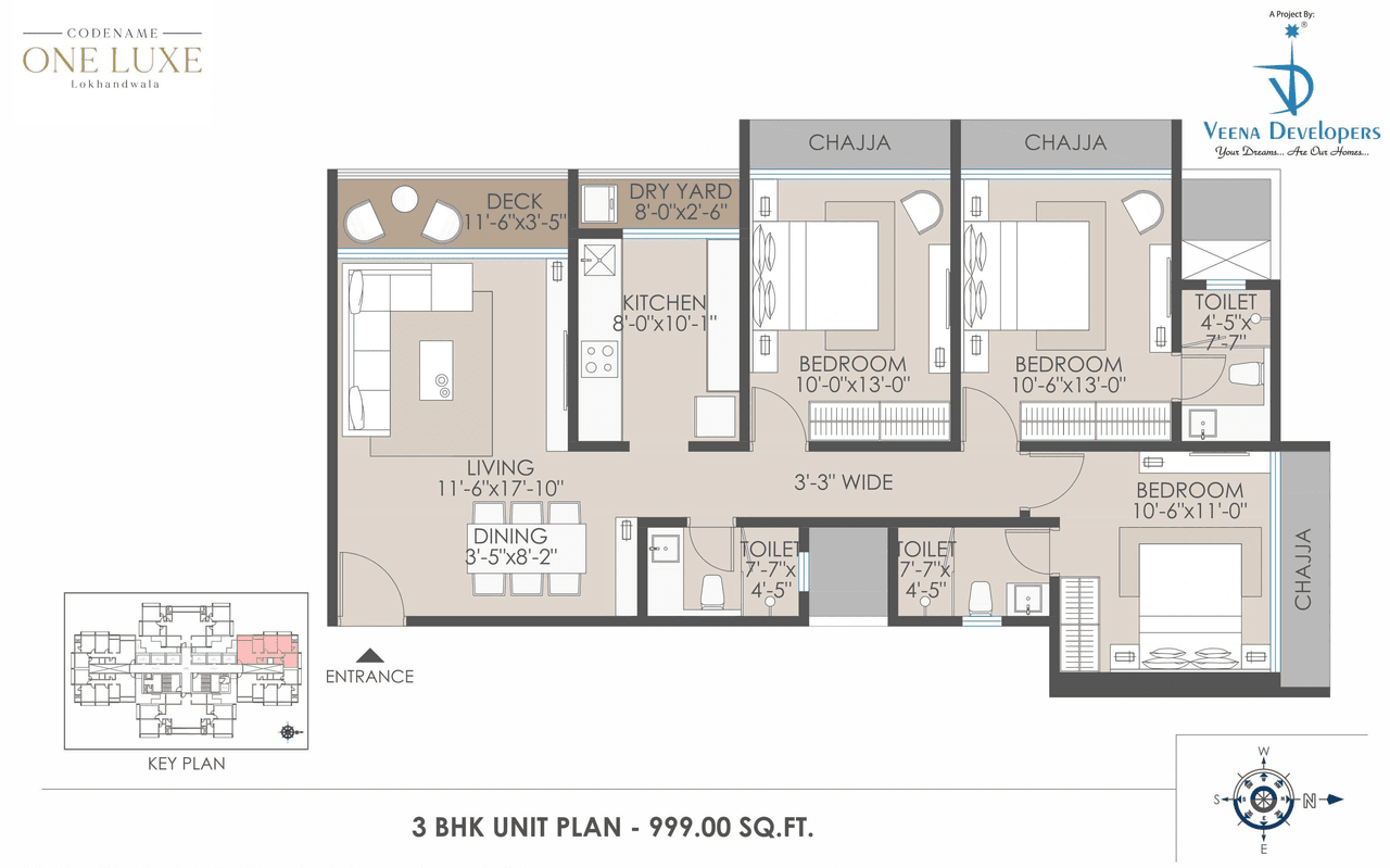 Veena One Luxe Unit plan - 999 sq.ft.