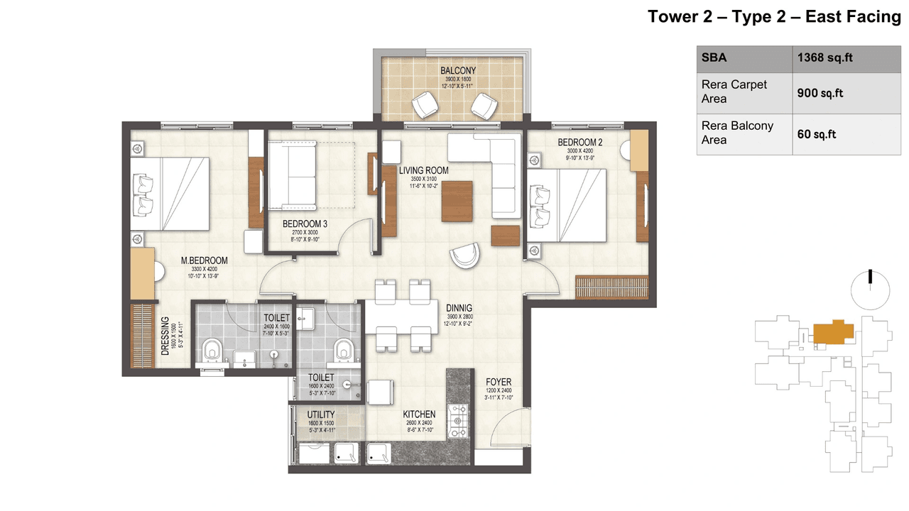 Cynosure Sunny Groves Unit plan - 957 sq.ft.