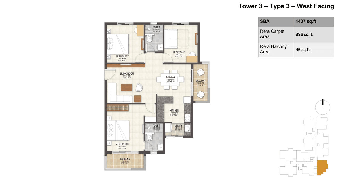 Cynosure Sunny Groves Unit plan - 984 sq.ft.