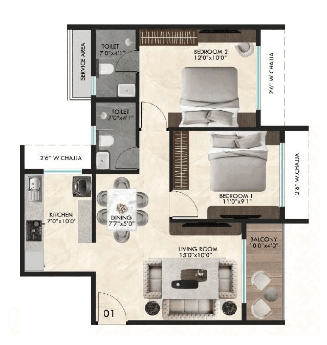 Tharwani Palladian Unit plan - 614 sq.ft.