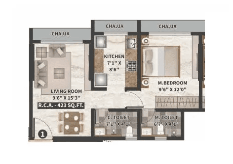 Bhairav Ocean Breeze Unit plan - 423 sq.ft.