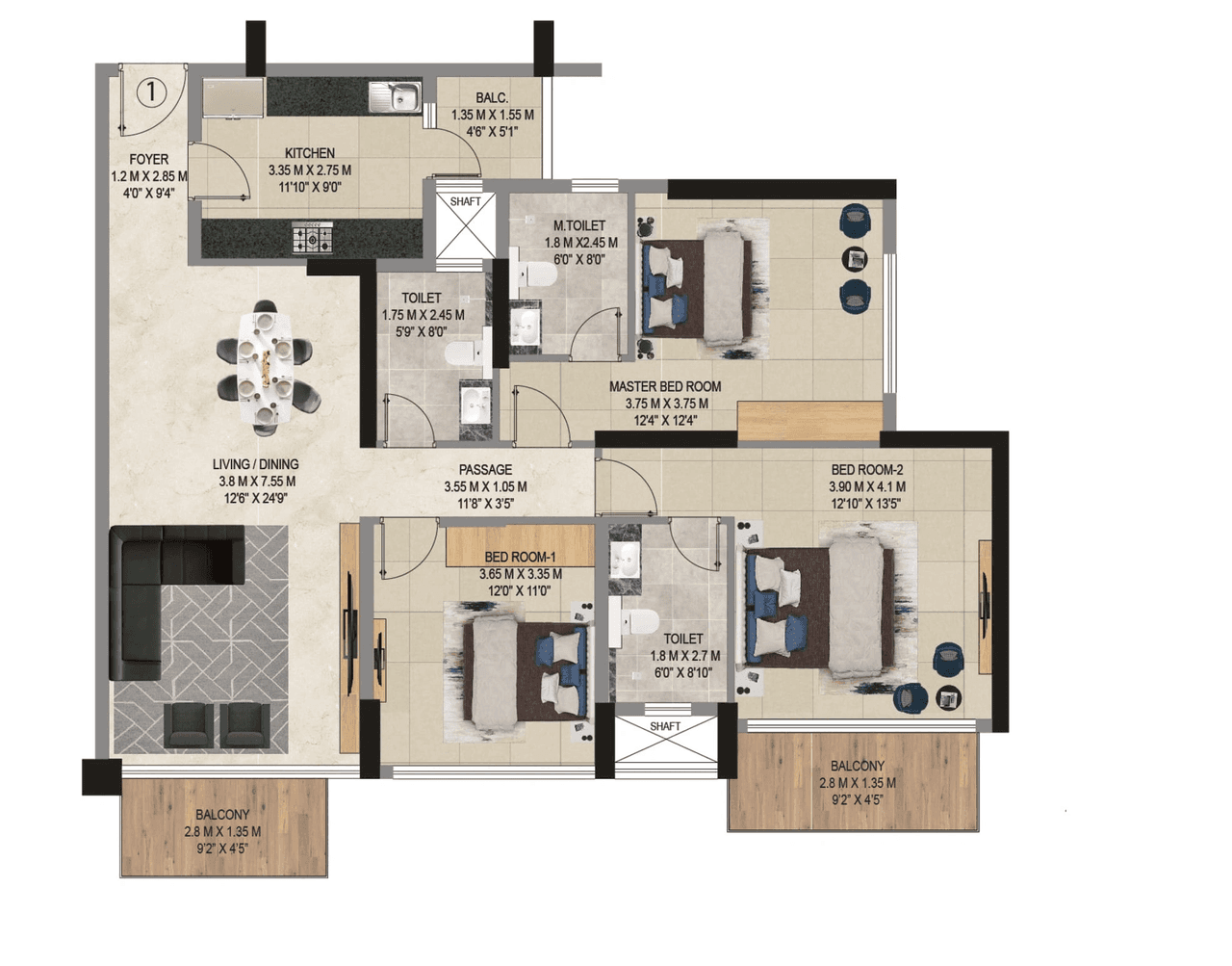Adani 9 PBR Unit plan - 1070 sq.ft.