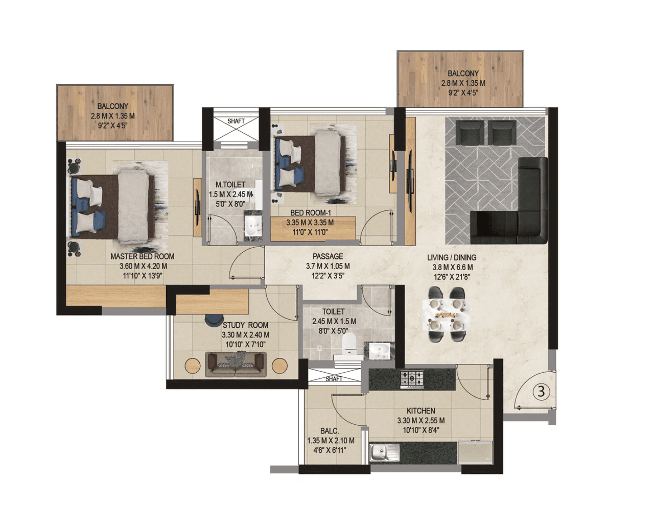 Adani 9 PBR Unit plan - 1080 sq.ft.